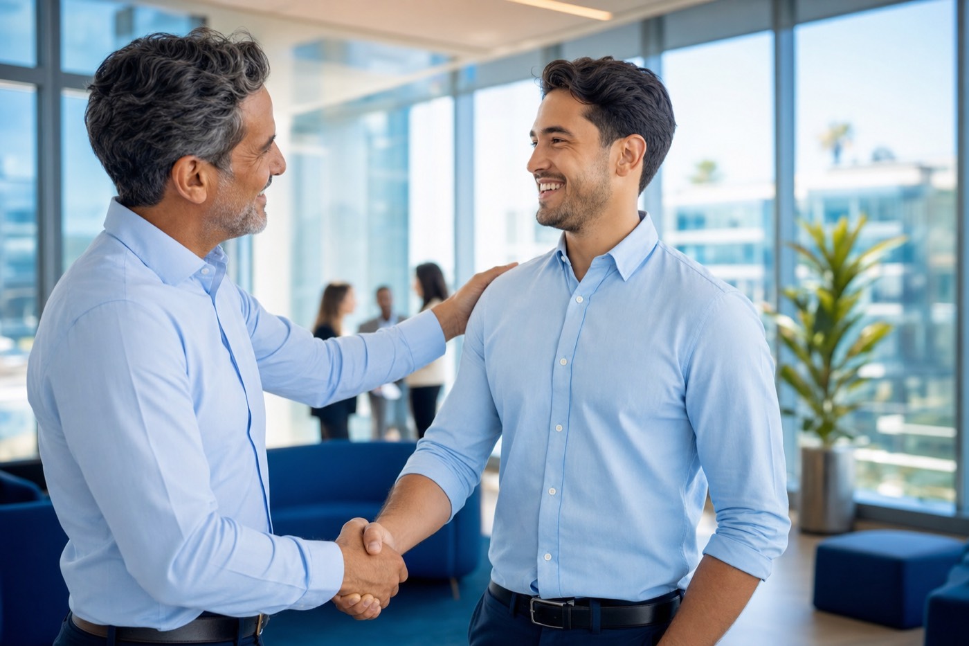 A Square One Enterprise team member being congratulated on a career milestone in a modern San Diego office