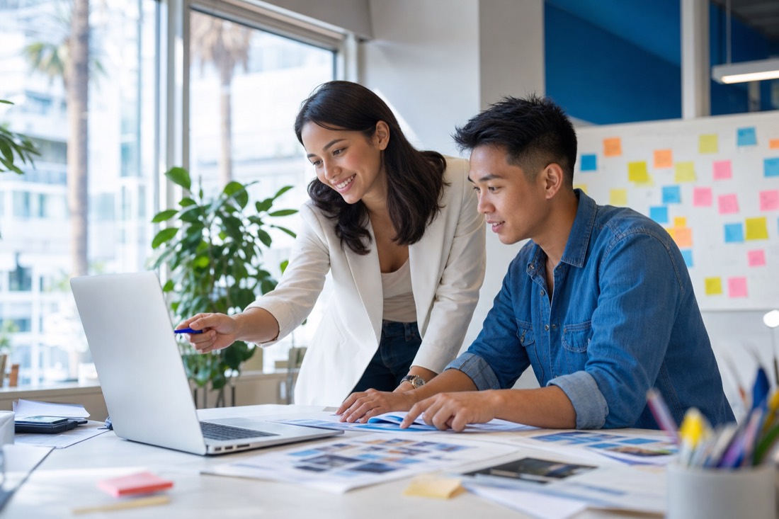 Two Square One Enterprise team members collaborating and mentoring in a bright San Diego office