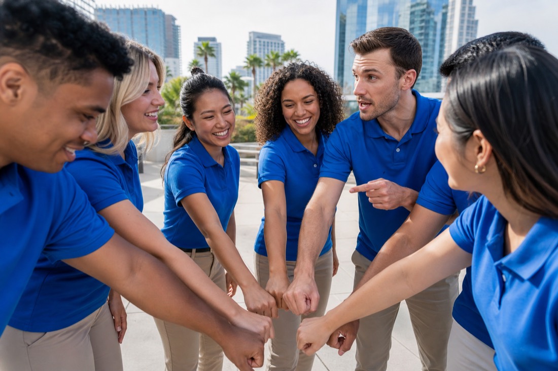 A Square One Enterprise marketing team in a high-energy campaign huddle before heading into the field